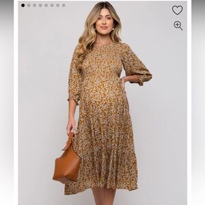 Camel Floral smocked maternity midi dress
